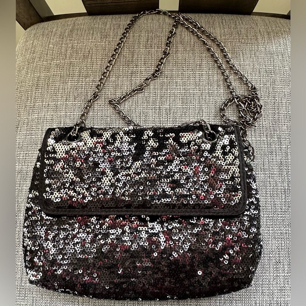 Black Sequin bag w Silver Sequins + Silver Chain